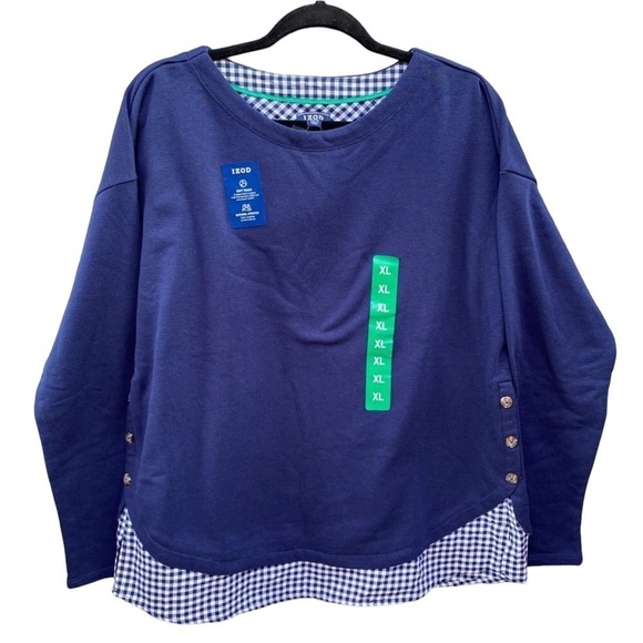 Izod 2-fer Button Accent Peacoat Sweatshirt Blue Gingham Plaid Long Sleeve Sz XL - Picture 1 of 11
